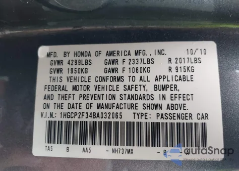 2011 Honda Accord 2.4 Lx из США, поврежденный, VIN 1HGCP2F34BA032065